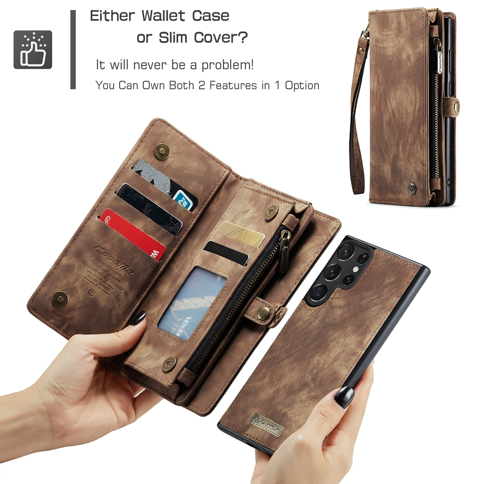 Feishell Durable 2- In-1 Magnetic Detachable Wallet Case for Samsung Galaxy S24 Ultra,for Women Men,Premium PU Leather Zipper Pocket Flip Multi Card Slots Purse Phone Case with Wrist Strap,Darkbrown