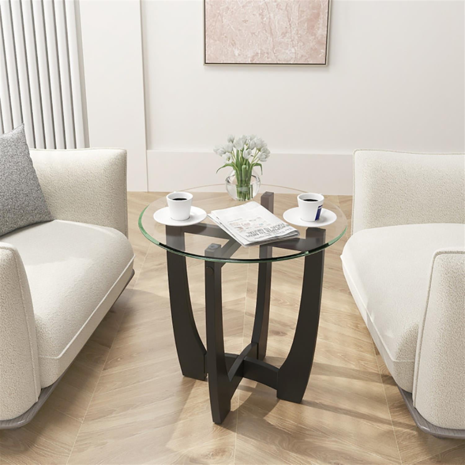 Demi Bonn Round Sofa Side Table, End Table with Tempered Glass Tabletop, for Small Spaces, Living Room, Bedroom, Black