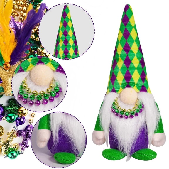 Mardi Gras Plush Gnome Decor – 9.1in Purple Green Yellow Diamond Pattern with Beaded Necklace | Festive Tabletop & Home Decor for Carnival, Celebrations