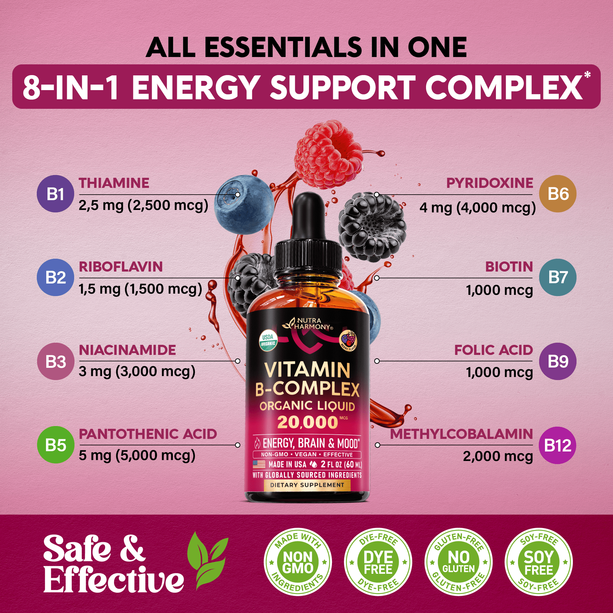 USDA Organic Vitamin B-Complex B5 Pantothenic Acid | B12 | B1 | B6 | B7 | B9 | B3 - B Complex Liquid Drops, Made in USA Supplement, 2fl oz