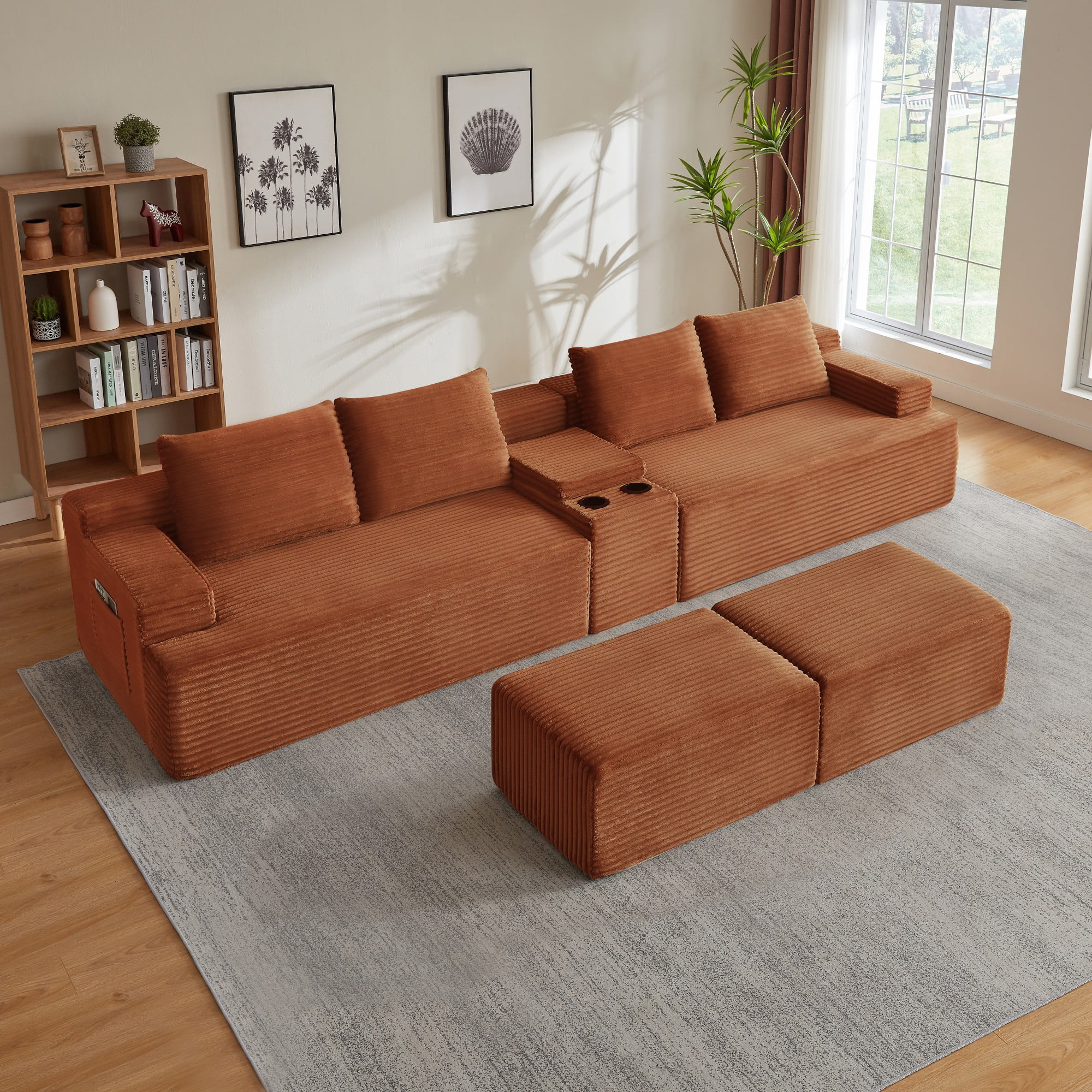 BSHTI 140.6" 5-Seat Corduroy U Shape Sectional Sofa with Cup Holder, Modular Design, No Assembly for Living Room（Orange）