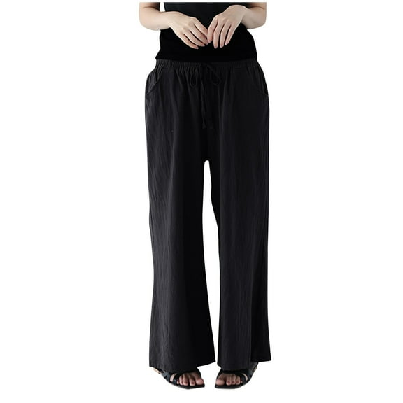 REALiKUN Women's Cotton Linen Pants Lightweight Wide Leg Pants Casual Loose Drawstring High Waist Palazzo Pants