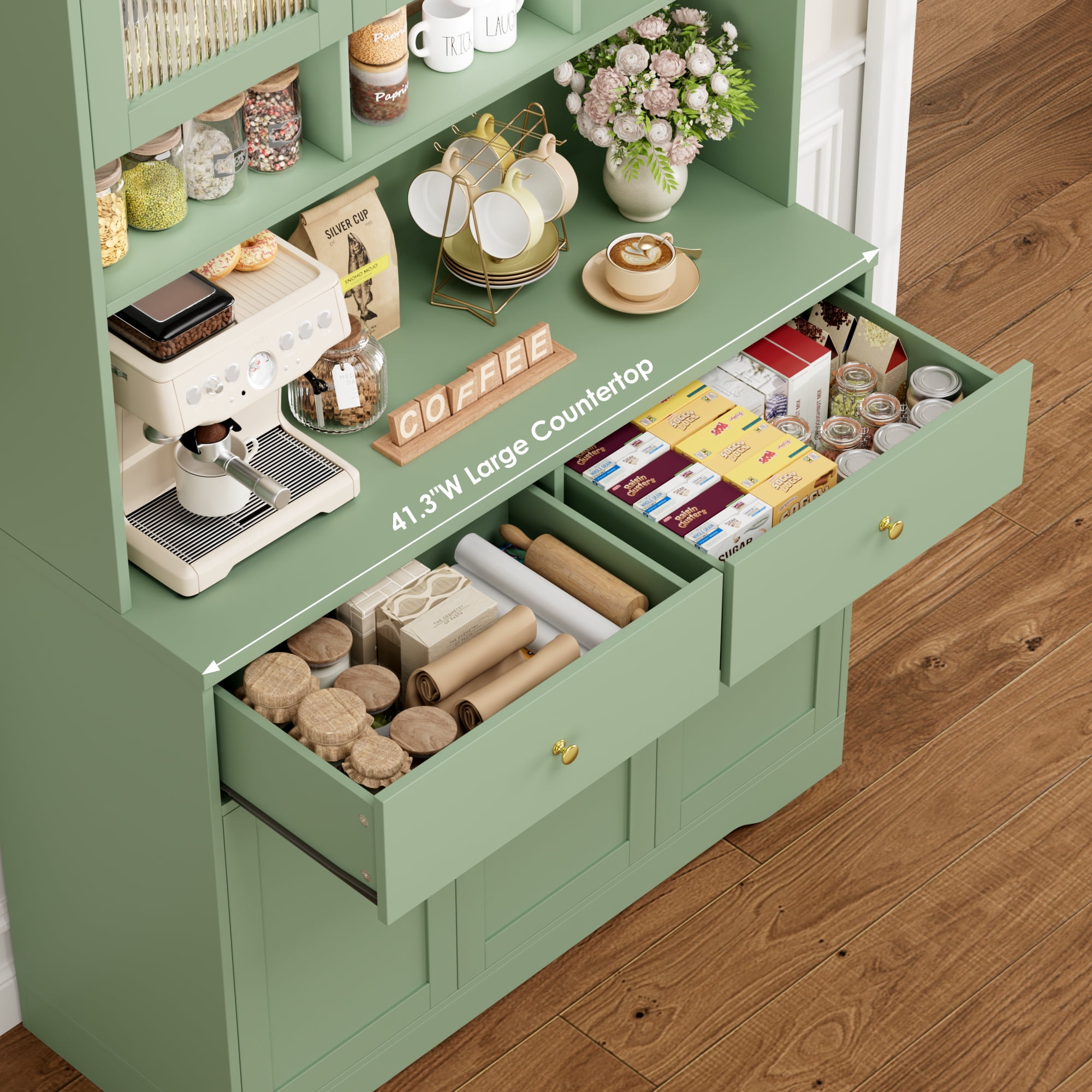 Hiphuta 71"in Modern Kitchen Pantry Storage Cabinet, Freestanding Kitchen Hutch Cabinet with Adjustable Shelves & Microwave Stand, Modern Coffee Hutch for Dining Room, Green