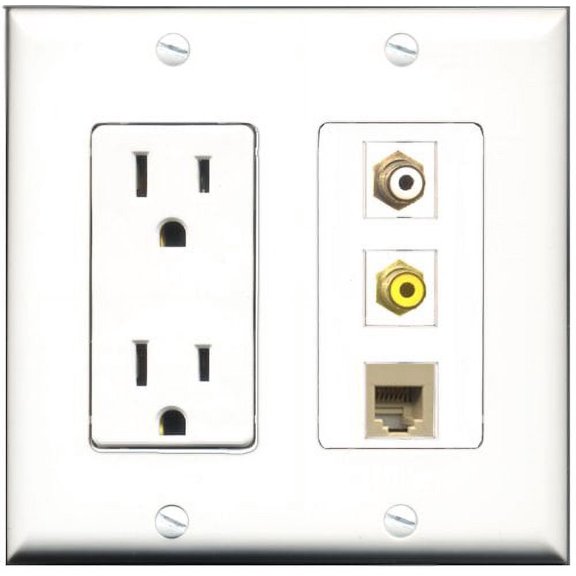 RiteAV - 15 Amp Power Outlet 1 Port RCA White 1 Port RCA Yellow 1 Port Phone Beige Decorative Wall Plate