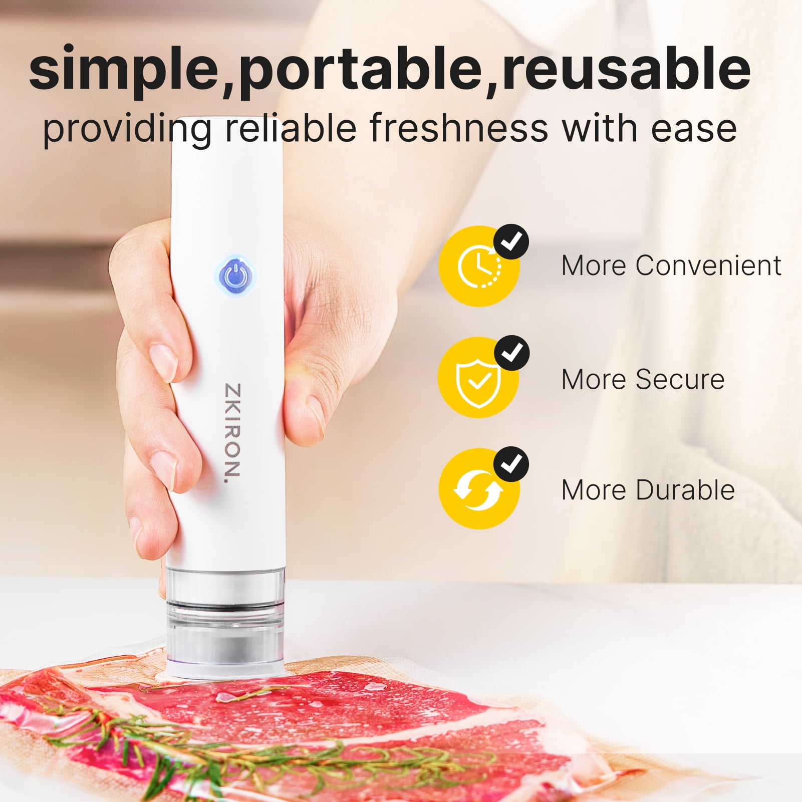 ZKIRON Handheld Vacuum Sealer for Food - Cordless Portable Food Sealer with 12 Reusable Vacuum Bags, Compact Food Saver for Sous Vide, Meal Prep & Kitchen Storage, One-Touch Freshness Preservation