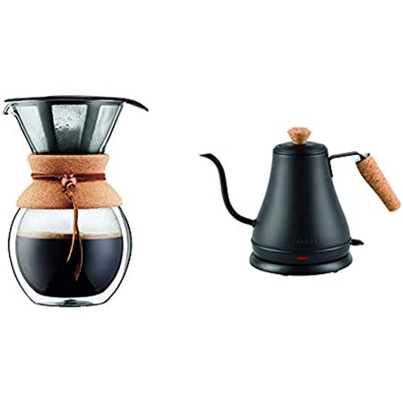 

BODUM Pour Over Coffee Maker Grip 8 Cup 34 Ounce Double Wall Cork & 11883-259US Melior Gooseneck Electric Water Kettle 27 Ounces Matte Black