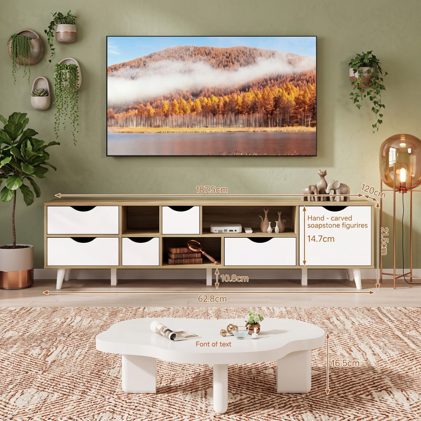 Furnibear TV Stand for TVs up to 65 Inch, Wood Entertainment Center Media Console with 5 Drawers and 3 Open Shelves, Adjustable Storage Cabinet for Living Room, Oak