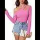 thumbnail image 2 of Camiseta de Mujer con Cuello Asimétrico, Hombros Descubiertos, Larga, Acanalada, Ajustada, para Salir, con un Solo Hombro Rosa Roja L, 2 of 10
