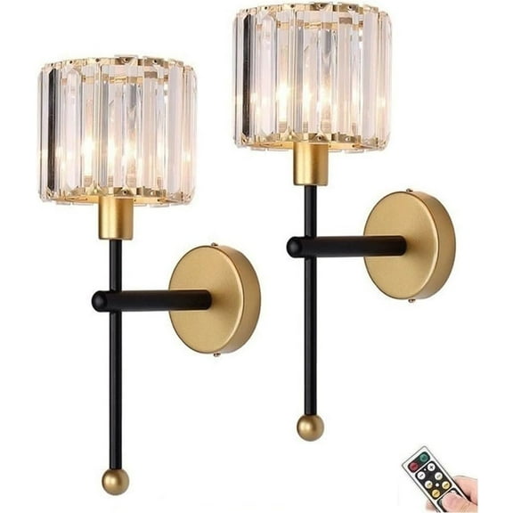 Modern Glass Crystal Wall Sconces Battery Operated Set of 2, Gold Rechargeable Wall Lights with Remote,Non Hardwired Clear Wall Lighting Fixture Black for Bedroom Bathroom Living Room Porch