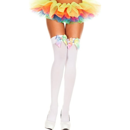 

White Opaque Rainbow Satin Bow Thigh High Hosiery One Size