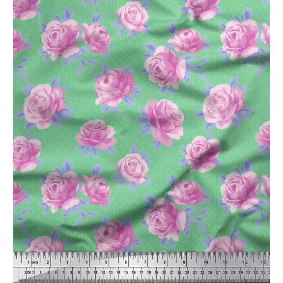 Soimoi Cotton Duck Fabric Honeycomb Design,Leaves & Rose Floral Decor Fabric Printed Yard 42 Inch Wide
