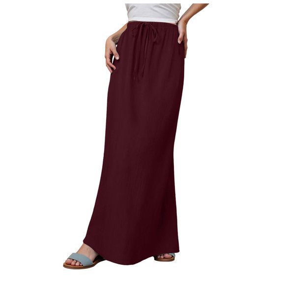 GEWSEY Linen Flared Maxi Skirt with Back Slit - Elastic Waist Drawstring Long Flowy Ankle-Length Skirt (, XXL)