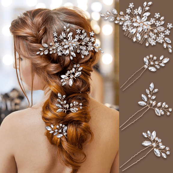4Pcs Bridal Hair Clips, Wedding Flower Leaf Rhinestone Hair Pins, Bride Hair Combs Accessories U-shaped Hair Barrettes Headpieces for Party Women Girl