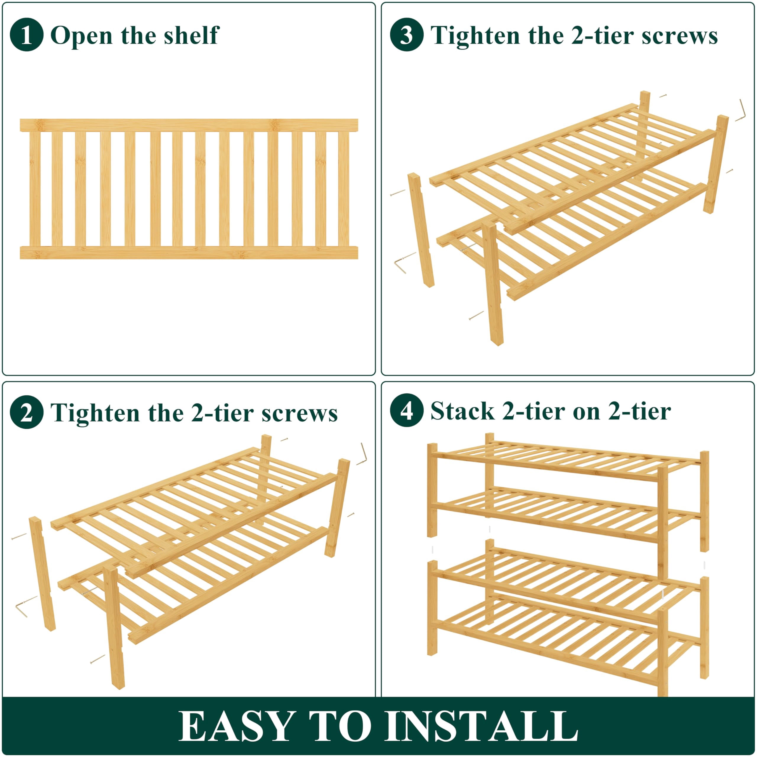 decorUhome Bamboo 4 Tier Shoe Rack for Closet, Shoe Storage Organizer, Wood Shoe Shelf for Entryway, Natural