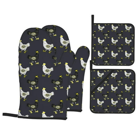 

Oven Mitts and Pot Holders Sets 4 pcs Hand Drawn Funny Chicken Black Non-Slip Oven Gloves Potholders Soft Quilted Lining Heat Resistant Gloves Hot Pads for Kitchen Cooking Baking