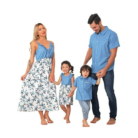 

Summer Family Matching Clothing Set Floral Print Dress Short Sleeve Shirt Parent-child Summer Holiday Outfit
