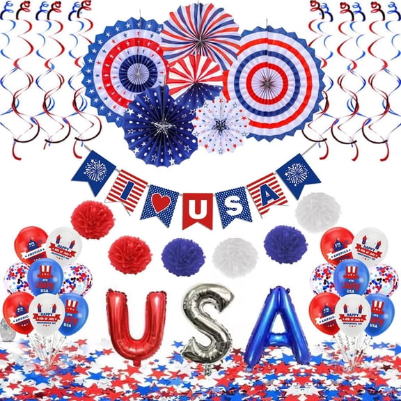 Red White Blue Party Decoration Set, Includes Banner, Paper Fans, Pom-Pom Flowers and Balloons, Complete Decor for Home, Garden and Festival Celebrations