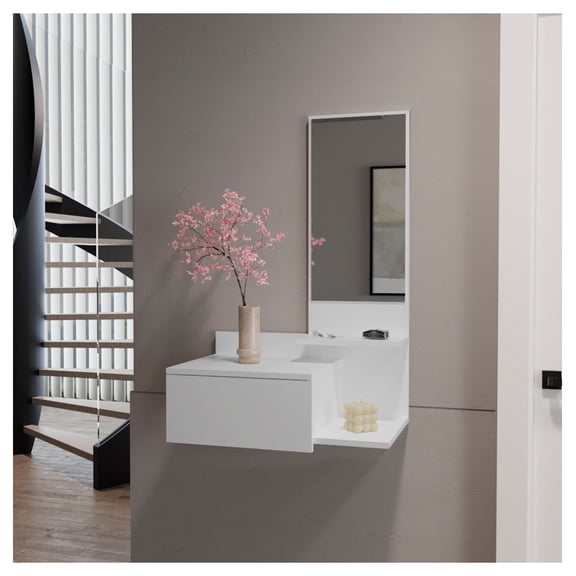 Floating Hallway Cabinet Lowell - White Entryway Cabinet with Mirror & Drawer - Living Room Furniture