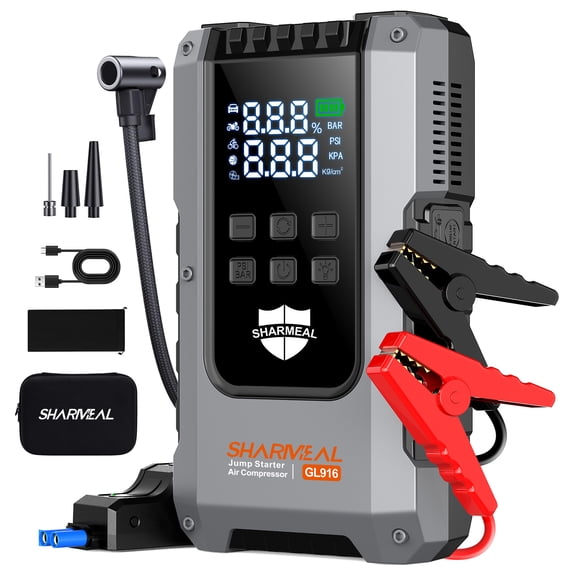 6000A Jump Starter with Air Compressor 160PSI Tire Inflator, 12V Car Battery Fast Charge Portable Jump Starter for All Gas/10L Diesel, Jump Box Pack with 3 Modes Flashlight and Jumper Cables