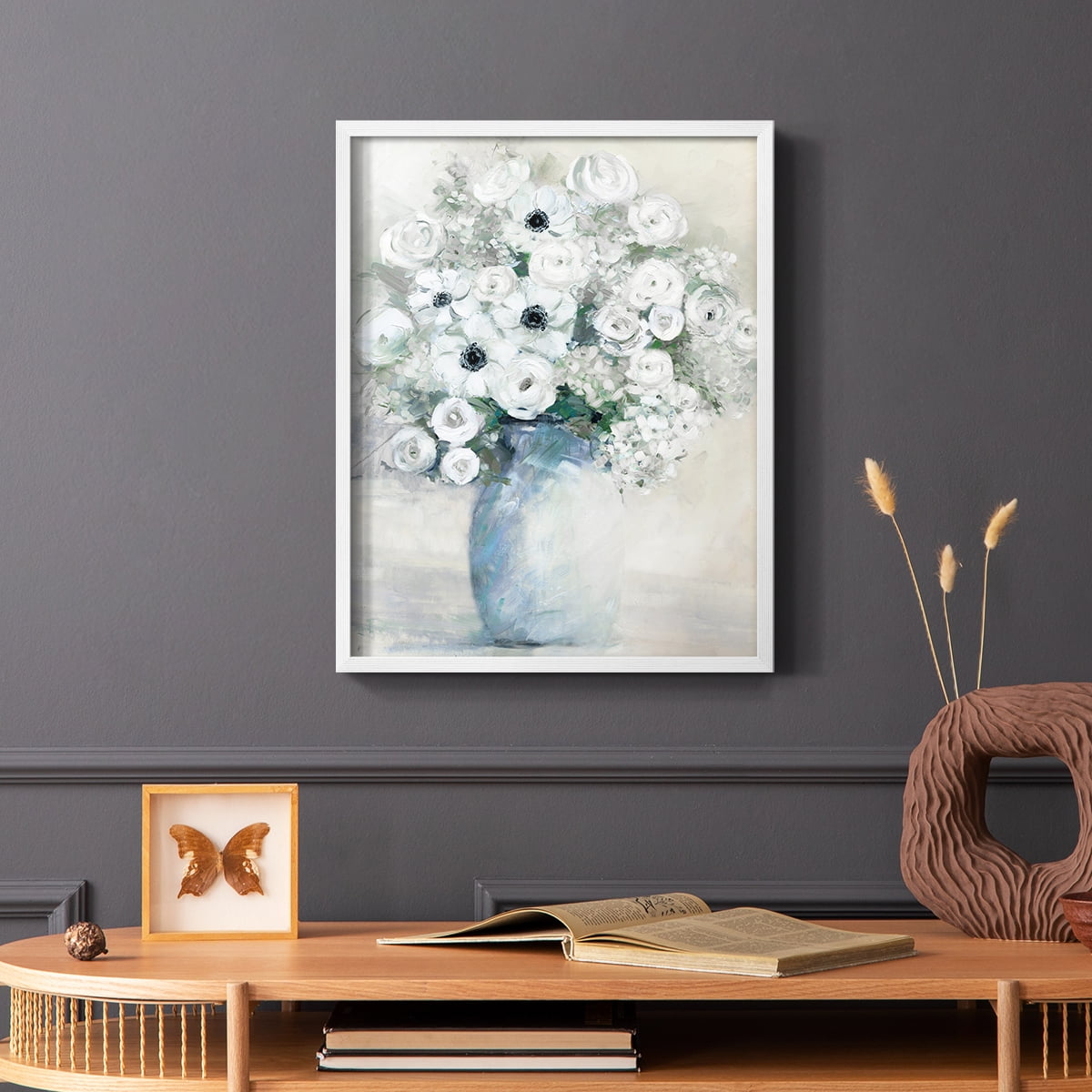 White Anemone Bouquet Framed Print in White Solid Wood 11 x 14 Framed Print
