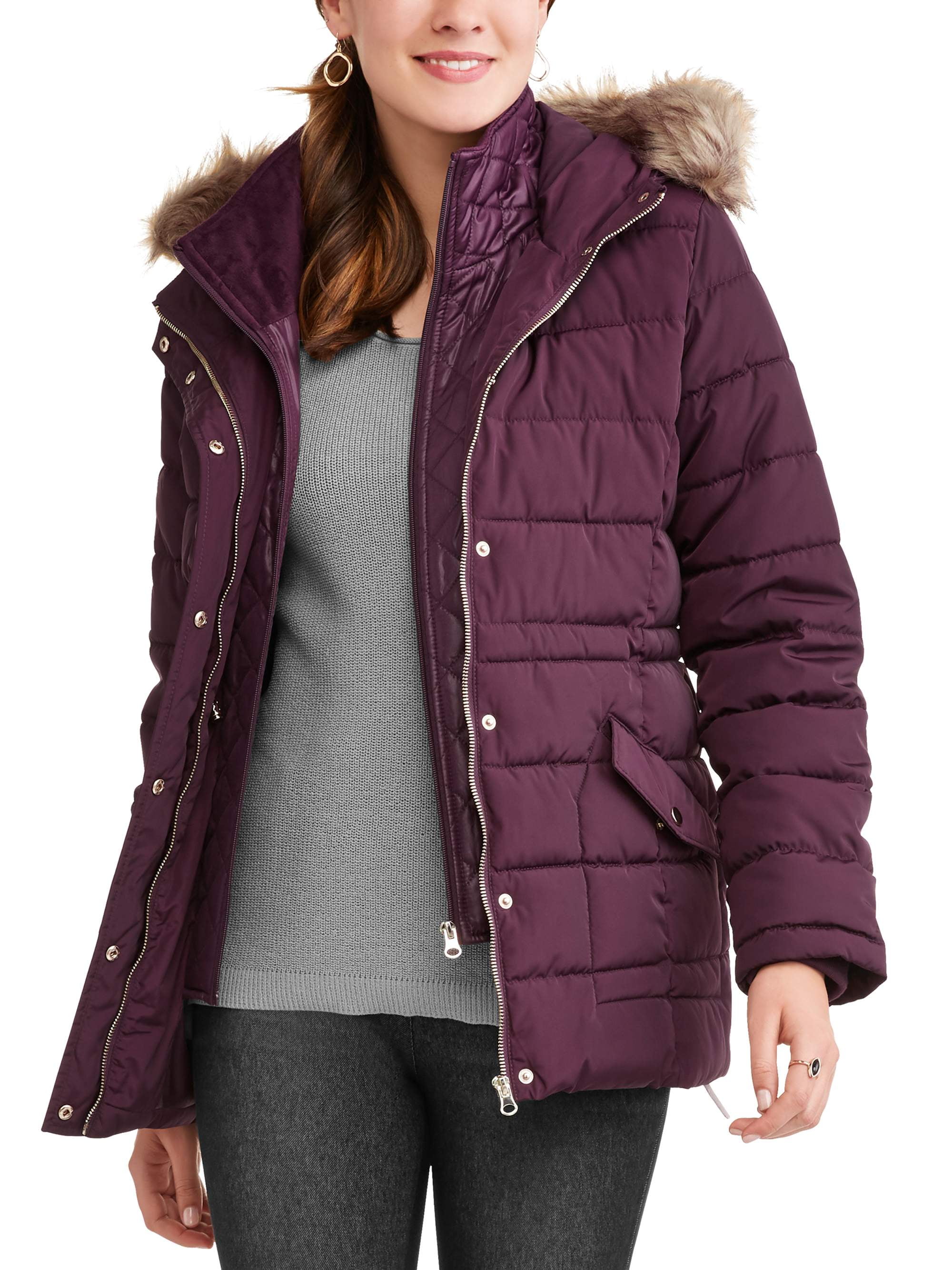 Time and Tru Women's Heavyweight Puffer Coat With Faux Fur-Trim Hood ...