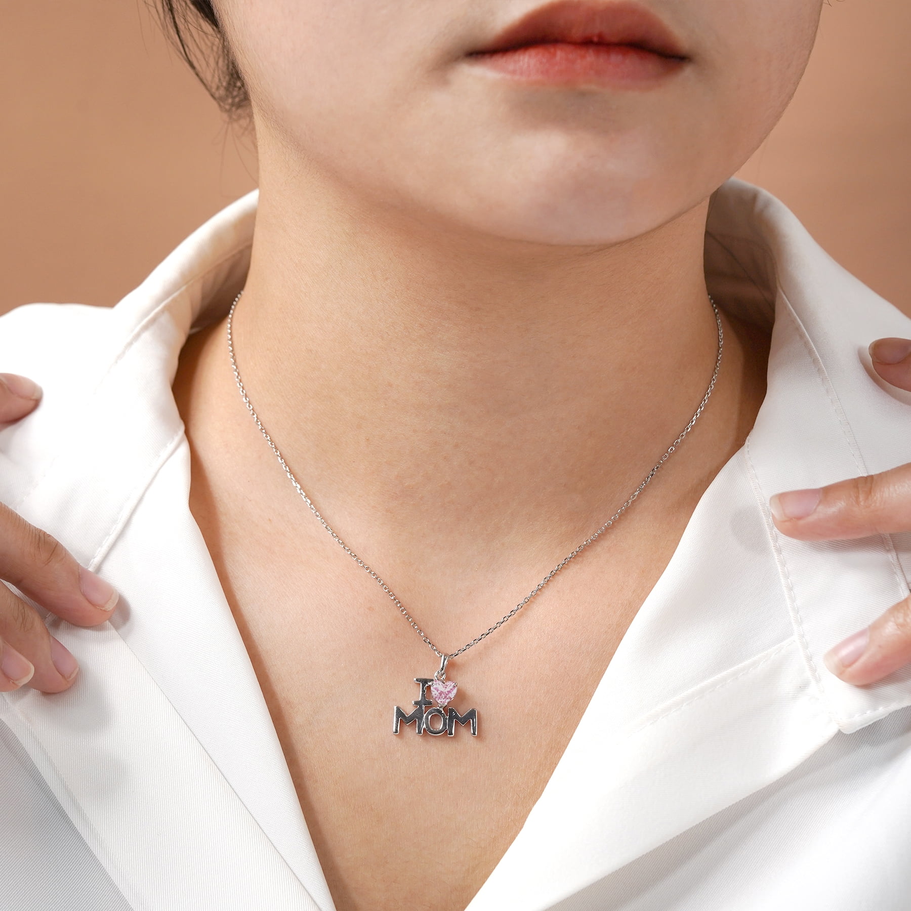 JeenMata I Love Mom Heart Shaped Pink Stone Pendant Necklace