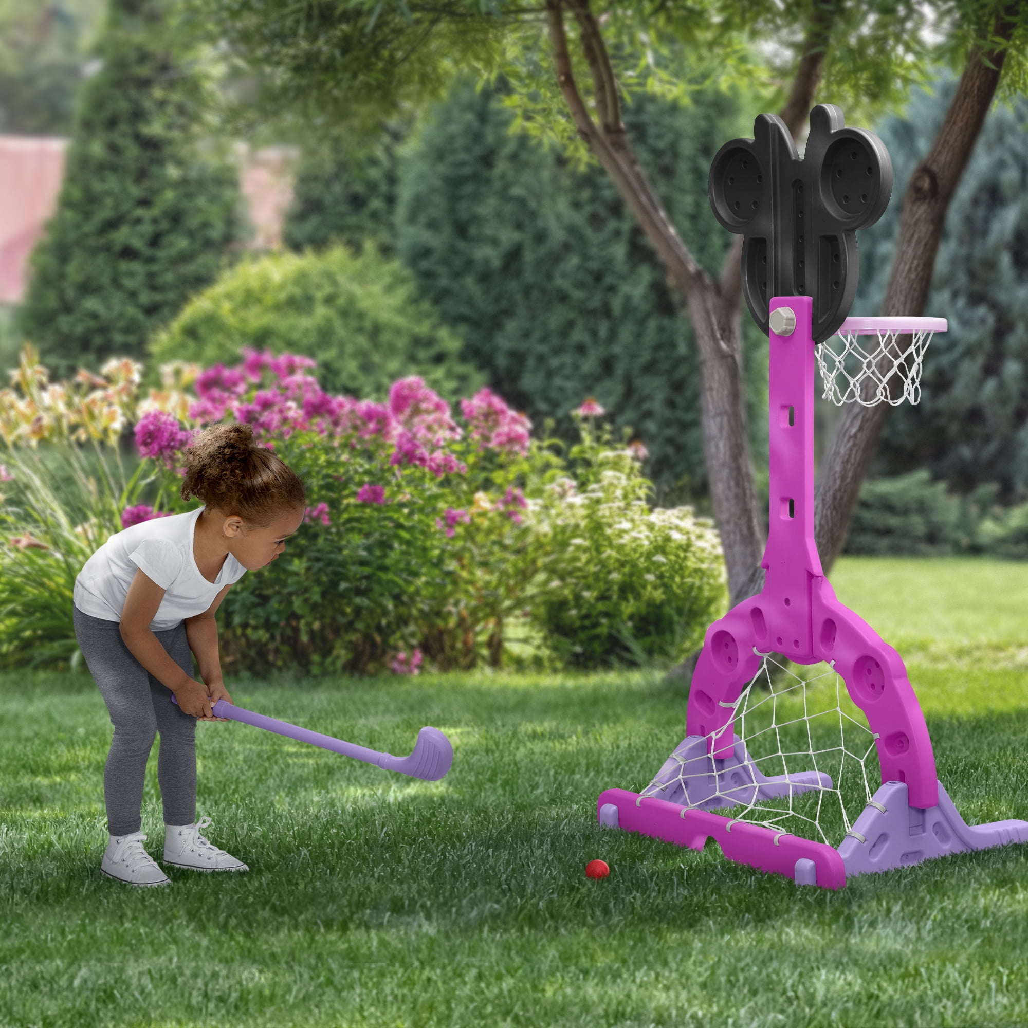 Disney Minnie Mouse 4-in-1 Sports Center – Adjustable Basketball Hoop, Soccer/Hockey Net & Golf, Pink