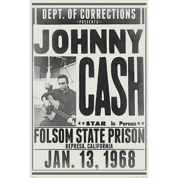 BUY ART FOR LESS Johnny Cash Department of Corrections Folsom State Prison Concert Poster, 24 x 36 Inch Art Poster, Black & White, Unframed, Living Room Wall Art