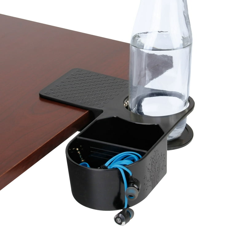 ENHANCE Clip On Cup Holder for Desk - Desktop Organizer Clamp with Tray -  Drink & Accessory Storage with Metal Spring & Divider - Ideal for Chairs &  Tables - Holds Phones 