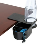 ENHANCE Clip On Cup Holder for Desk - Desktop Organizer Clamp with Tray - Drink & Accessory Storage with Metal Spring & Divider - Ideal for Chairs & Tables - Holds Phones , Office Supplies & Snacks
