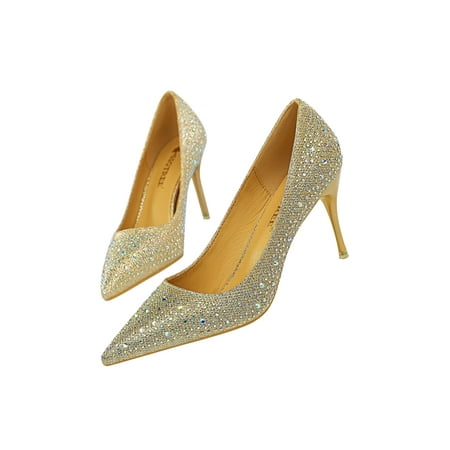 

Daeful Ladies Fashion Pointed Toe High Heels Wedding Lightweight Pumps Party Rhinestones Champagne 9