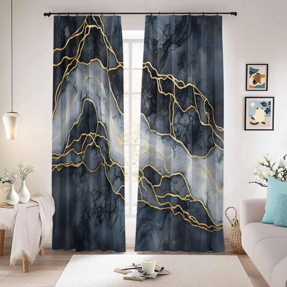Marble Blackout Curtains for Bedroom/Living Room, Pinch Pleated Black Out Curtains, Navy Blue Modern Luxury Gold Texture Room Darkening Window Drapes with Hooks 2 Panels, 39"x70"