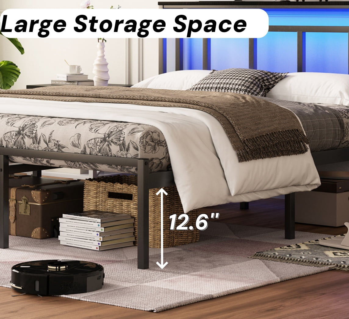 Mintazer Twin Size Platform Metal Bed Frame with Storage LED Light Headboard & Charge Station for Boys Girls, Black