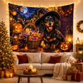 thumbnail image 3 of Dachshund in Witch Hat with Halloween Neighborhood Scene, Cozy Illustration for Dog Lovers, Fantasy Decor, Halloween Gift, Tapestry Wall Hanging for Living Room and Bedroom, 3 of 7