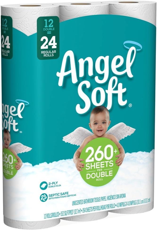ANGEL SOFT Toilet Paper Bath Tissue, 12 Double Rolls, 260+ 2-Ply Sheets Per Roll