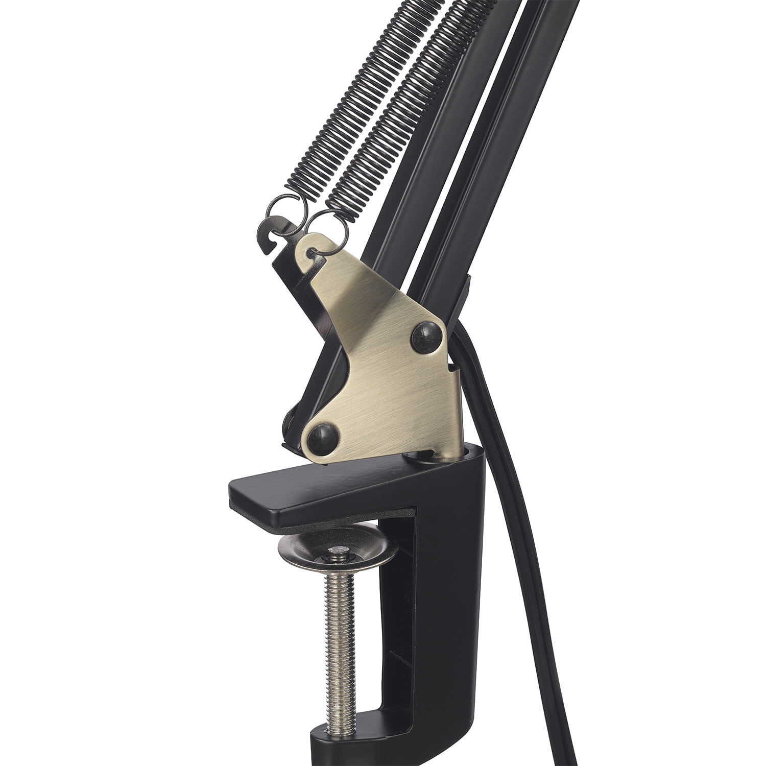 32" Matte Black Multi-Joint Desk Lamp with Metal Clamp Base and Antique Brass Accents