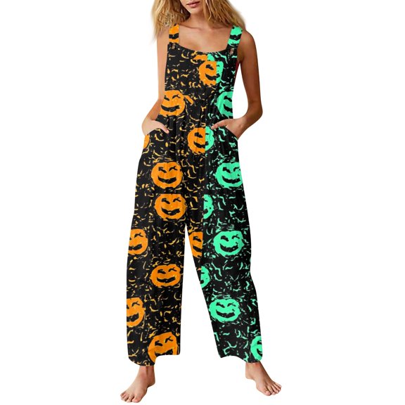 WULMLEO Halloween Romper for Womens Sleeveless Fall Going Out Overall Loose Trendy 2026 Casual Rompers A-Line Spooky Fashion Overalls with Pockets Cyan 5XL