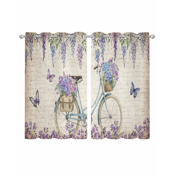 Purple Flowers Sheer Curtains 54 Inch Length 2 Panels Set for Living Room/Bedroom, Weeping Spring Floral Bicycle Retro Art Kitchen Curtains Grommet Semi-Sheer Curtains Window Treatments 42"x54"x2
