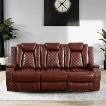 Power Recliner Sofa with LED, Leather Reclining Sofa Living Room Furniture Set with USB Charging (Leather Sofa,Garnet)