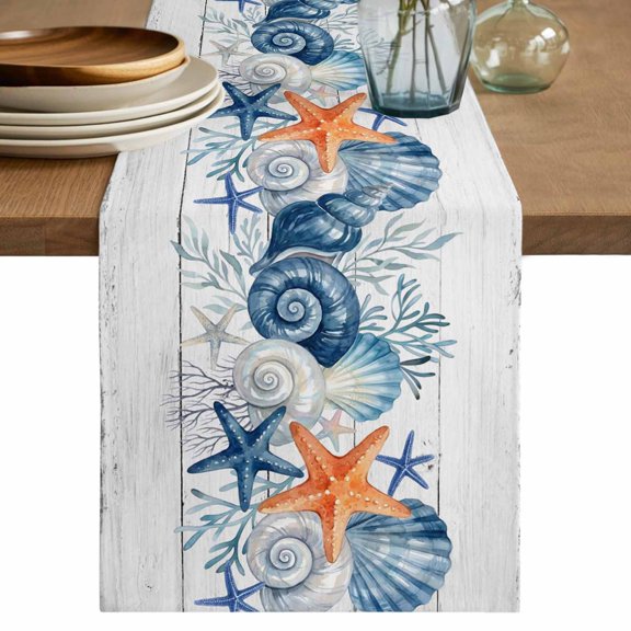 Summer Coastal Table Runner 90 Inches, Sea Ocean Starfish Shells Coral Conch Wood Gray Bed Runner Dresser Scarves Tabletop for Indoor Outdoor Parties/Ceremony/Banquet, 13" x 90"