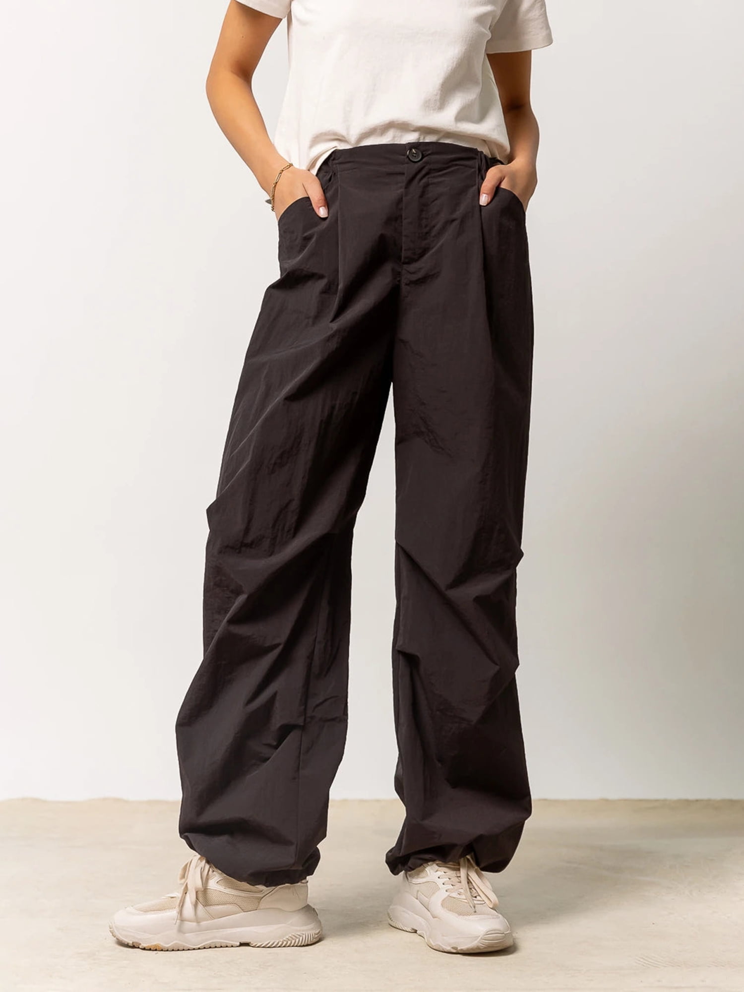 Women Cargo Pants, Elastic Waist Zipper Button Closure Solid