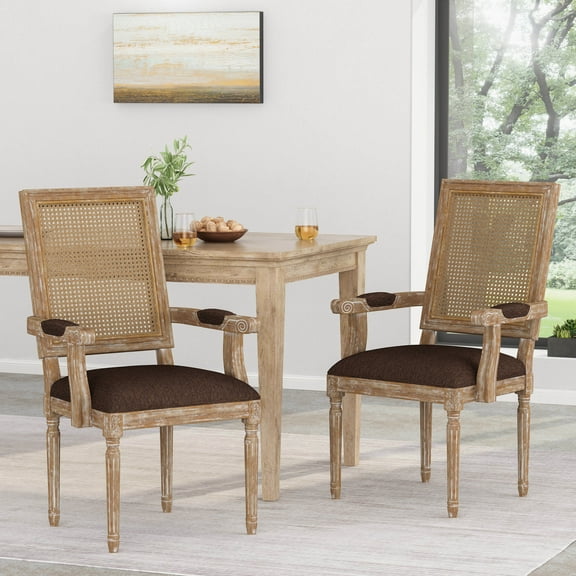 French Country Dining Chairs Set of 2 - Rubberwood Frame with Cane Backrest, Brown Upholstered Seats, 23.75"W X 23.75"D X 39.75"H