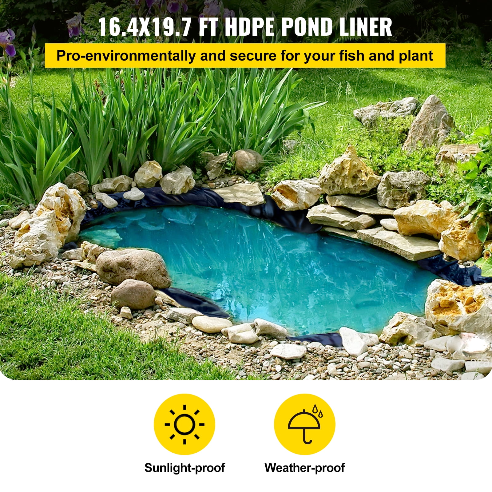 VEVOR HDPE Pond Liner 16.4x19.7ft 20 Mil for Water Garden, Fish Pond, Water  Fountain, Waterfall, Koi Pond, Golf Course, Sewage Pool, Aquaculture