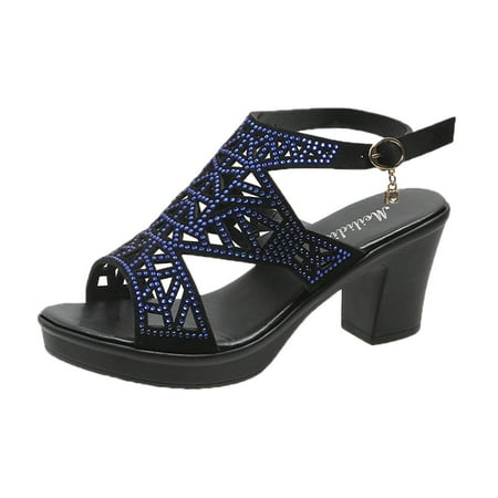 

Summer Sandals For Women 2023 Fashion Suede Rhinestone Decorative Buckle Thick High Heel Sandal Blue 40