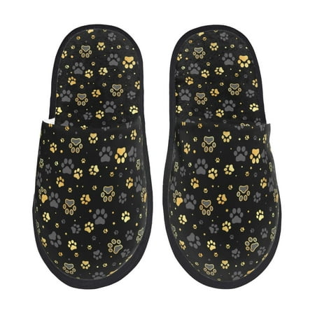 

Fuzoiu Gold Dog Paw Print Unisex Furry Slippers Plush Indoor Shoes Trendy House Slippers Anti-Skid EVA Sole House Shoes for Home Office and Travel -Large
