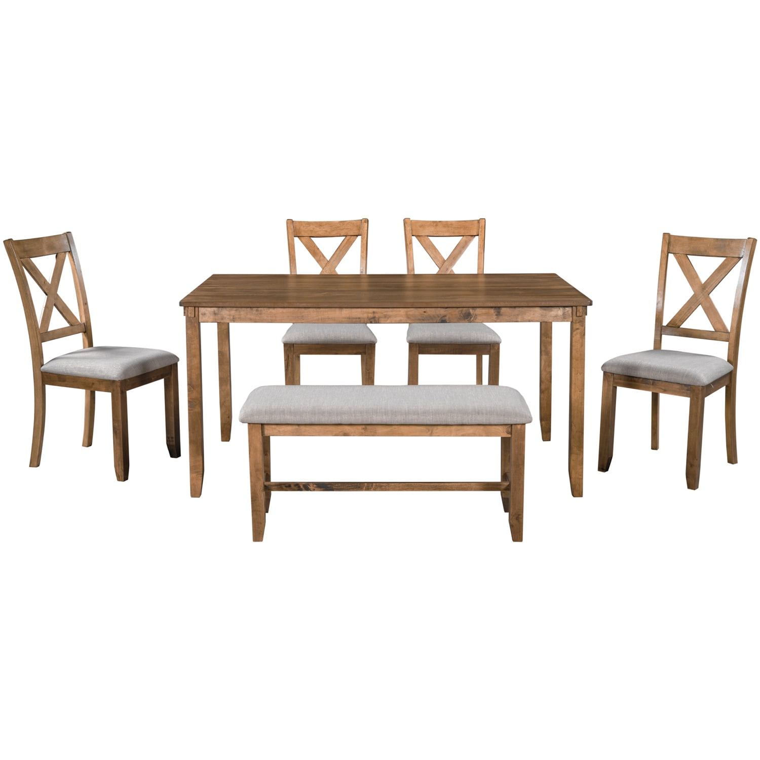Kadyn 6-Piece Kitchen Dining Table Set Wooden Rectangular Dining Table, 4 Fabric Chairs and Bench Family Furniture (Natural Cherry)