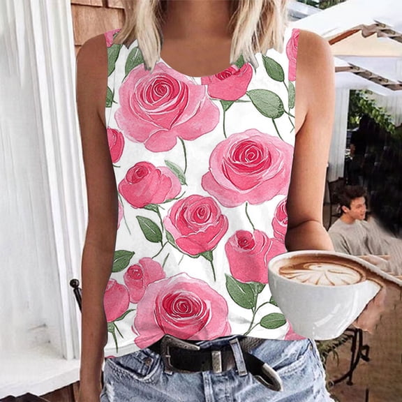 PNTUTB Women's Printed Loose Fit Basic Shirts Sleeveless Round Neck Pullover Casual Fashion Tank Tops