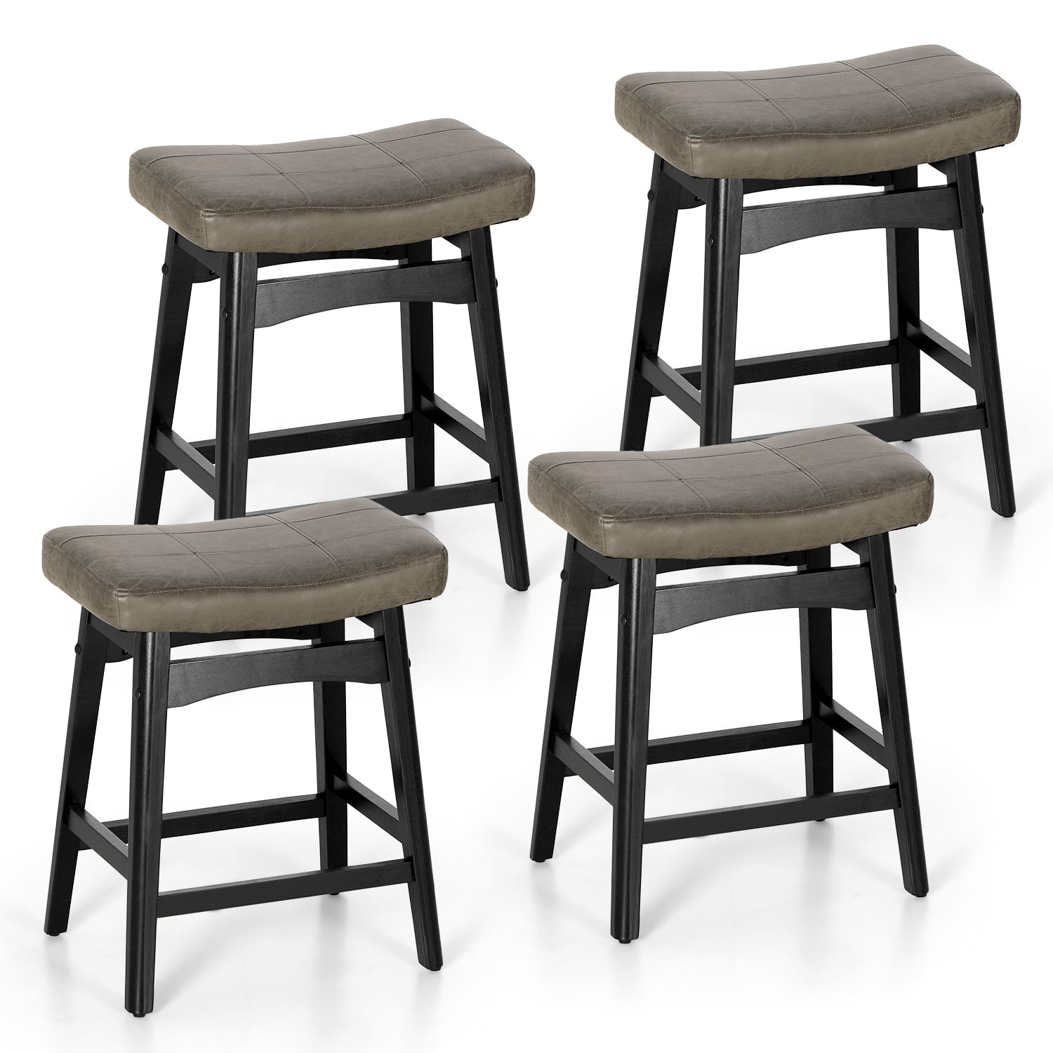 Summit Living 24 inch Wooden Backless Saddle Kitchen Stools Set of 4, Faux Leather Counter Height Stool Chairs, Gray