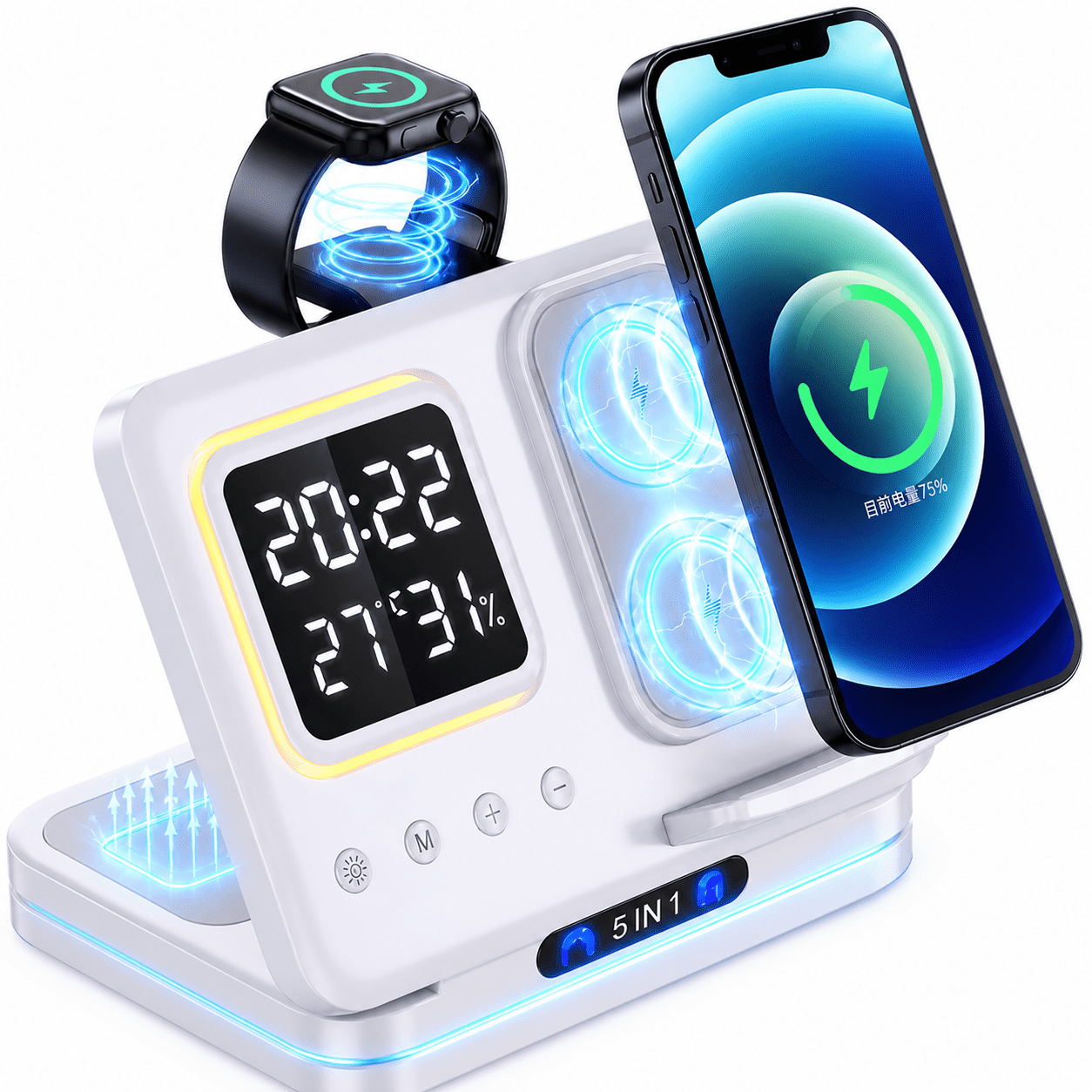 INSMART 5 in 1 Wireless Charging Station,15W Fast Charger with Digital Clock,Night Light & Temperature Display for iPhone,Apple Watch,AirPods