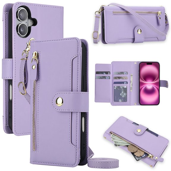 Designed For iPhone 17 Wallet Case,With Shoulder Strap Wrist Strap,PU Leather Flip Folding Kickstand,Card Slots,Zipper Pocket,Shockproof Anti-fall Crossbody Wallet Case,Purple